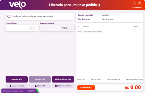 Tela de vendas do Velo